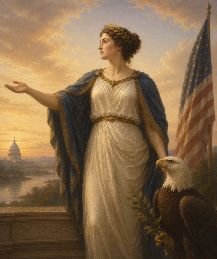 Concordiana stands amidst symbols of the United States and a bald eagle